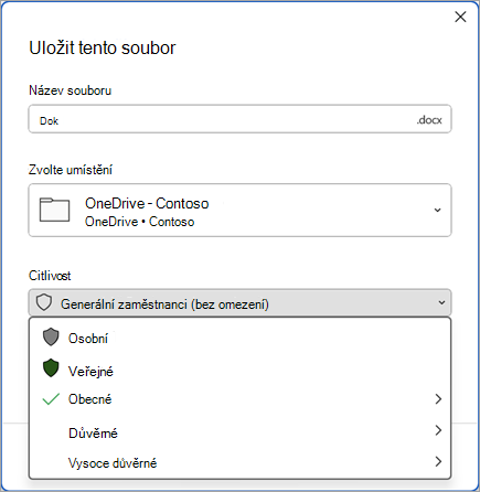 Snímek obrazovky s dialogovým oknem Uložit s rozbaleným panelem citlivosti, který zobrazuje možnosti popisků citlivosti.