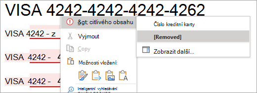 Snímek obrazovky se zvýrazněným citlivým obsahem v Word