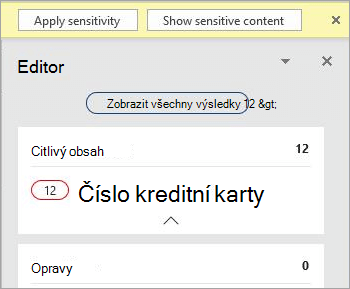 Snímek obrazovky s citlivým obsahem v podokně Editoru