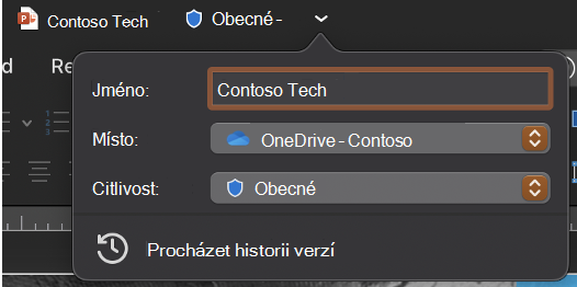 Rozbalený rozevírací seznam záhlaví zobrazující název, umístění a citlivost souboru.