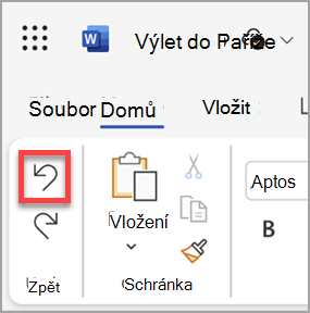 Tlačítko Zpět v Microsoft Wordu pro web.