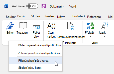 Výběr možnosti Přizpůsobit pás karet