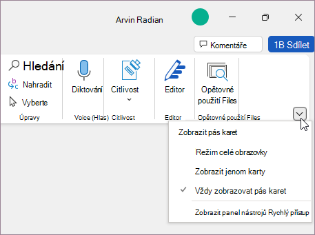 Nabídka možností zobrazení pásu karet