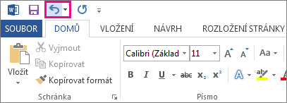 Příkaz Zpět na panelu nástrojů Rychlý přístup