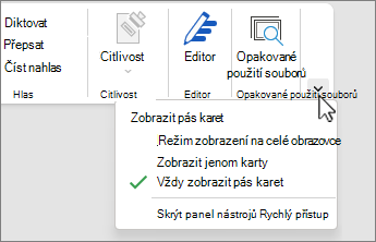 Nabídka možností zobrazení pásu karet