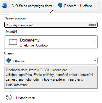 Panel citlivosti v horní části dokumentu