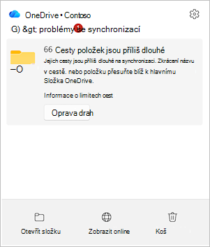 Snímek obrazovky zobrazující centrum aktivit OneDrivu s možností Opravit dráhy.