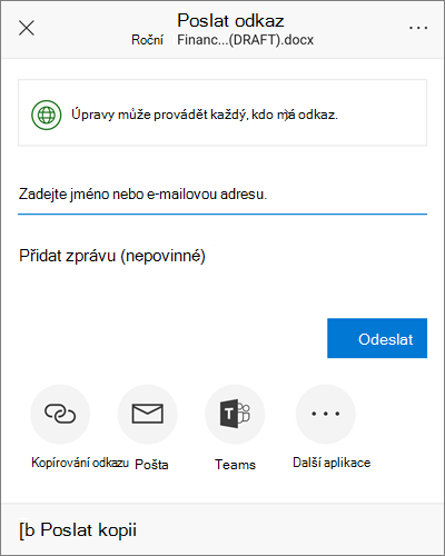 Snímek obrazovky s dialogovým oknem sdílení na Androidu