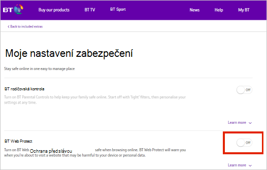Stránka nastavení BT zabezpečení