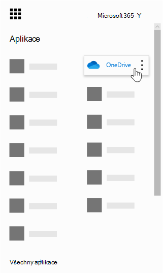 Spouštěč aplikací Office 365 se zvýrazněnou aplikací OneDrive