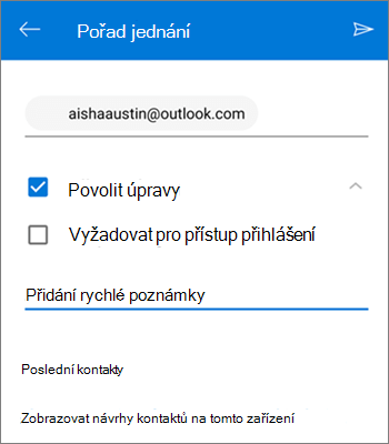 Snímek obrazovky znázorňující pozvání uživatelů ke sdílení souboru z OneDrivu pro Android