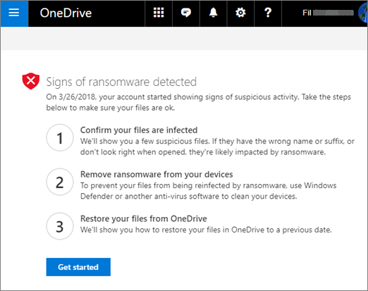 Snímek obrazovky Zjištěny známky ransomwaru na webu OneDrive