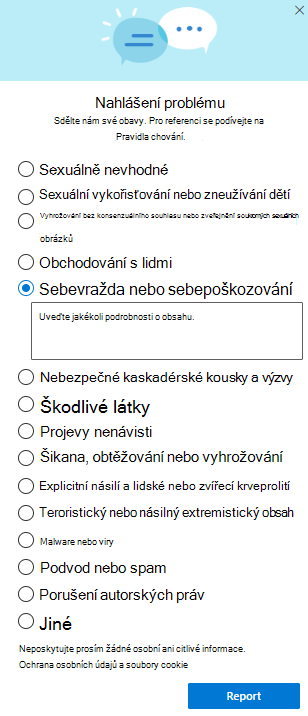 Snímek obrazovky s dialogovým oknem Nahlásit zneužití na OneDrivu