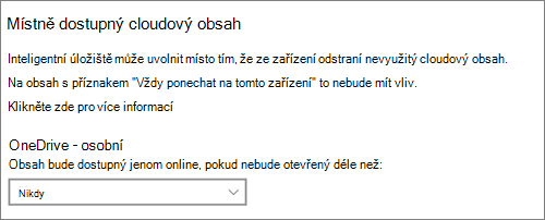 Rozevírací seznam Úložiště ve Windows 10, kde můžete vybrat, kdy se mají soubory OneDrivu zpřístupnit pouze online