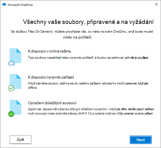 Obrazovka Soubory na vyžádání v průvodci Vítá vás OneDrive