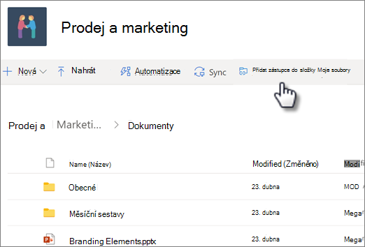 Snímek obrazovky znázorňující přidání zástupce na OneDrive ze sdílené knihovny