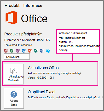 Instalace typu Klikni a spusť mají na stránce Účet tlačítko Možnosti aktualizace. Instalace založené na MSI toto tlačítko nemají.