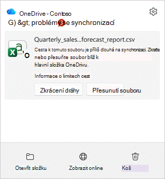 Snímek obrazovky zobrazující Centrum aktivit OneDrivu s příznaky pro položku, jejíž cesta je příliš dlouhá, s tlačítky Zkrátit cestu a Přesunout soubor.