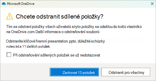 Snímek obrazovky s potvrzovací výzvou OneDrivu pro odstranění sdílených souborů