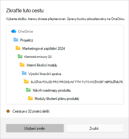 Snímek obrazovky zobrazující zprávu o zkrácení vybraného názvu souboru.