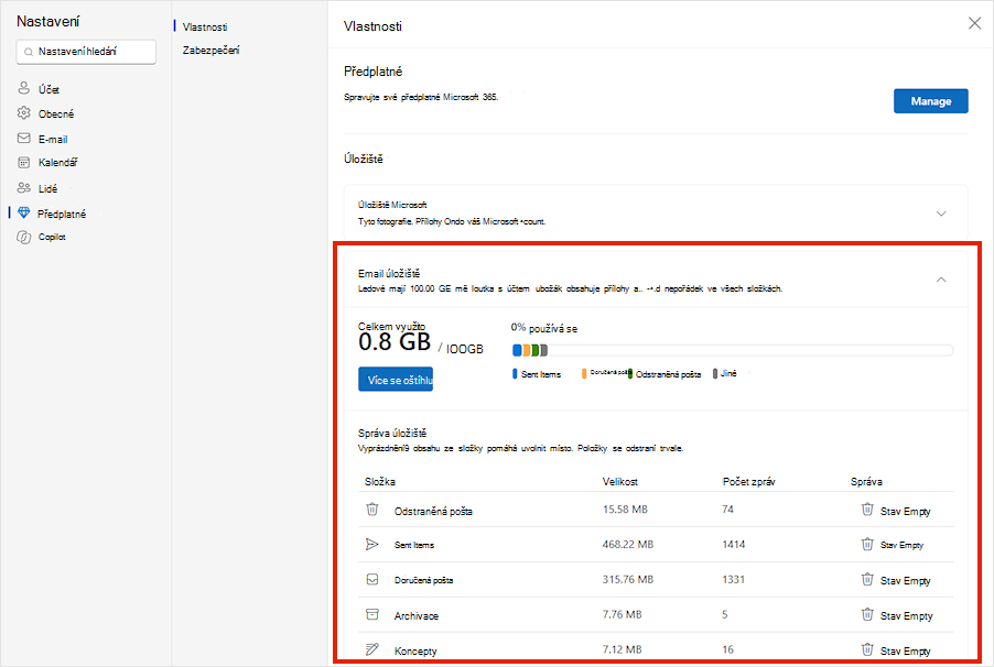 Nabídka úložiště pro Outlook.com.