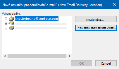 Dialogové okno pro umístění doručování e-mailů v Outlooku