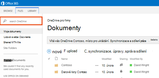 Snímek obrazovky pole dotazu OneDrivu v Office 365