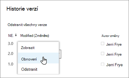 Výběr možnosti Obnovit z rozevírací nabídky pro vybranou verzi dokumentu