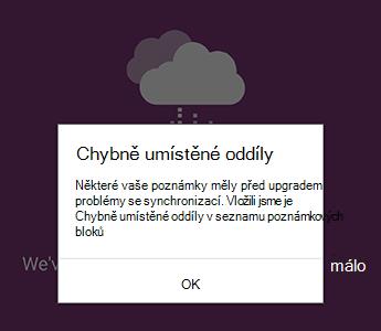 Oznámení o chybně umístěných oddílech ve OneNotu pro Android