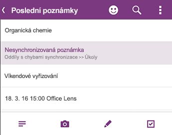 Seznam posledních poznámek ve OneNote pro Android