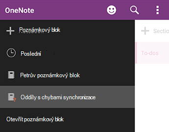 Chybně umístěné oddíly ve OneNote pro Android