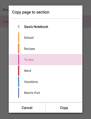 Nabídka Kopírovat stránku do oddílu ve OneNote pro Android