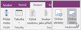 Snímek obrazovky znázorňující začlenění vloženého videa do OneNotu 2016