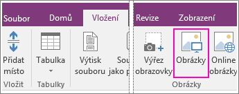Snímek obrazovky s tlačítkem Vložit obrázky ve OneNotu 2016