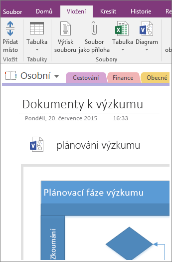 Snímek obrazovky s postupem vložení existujícího diagramu Visia do OneNotu 2016