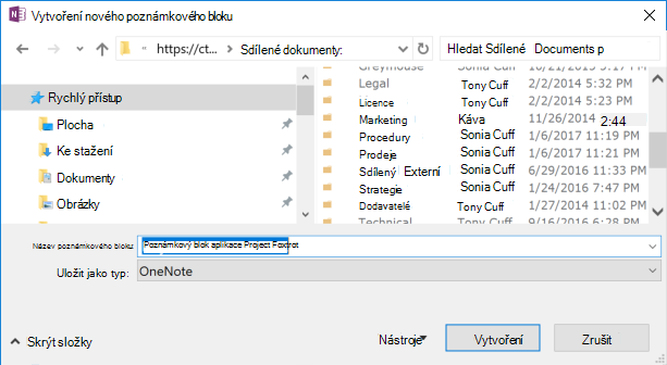 OneNote pro Windows 2016 – Dialogové okno Vytvořit nový poznámkový blok