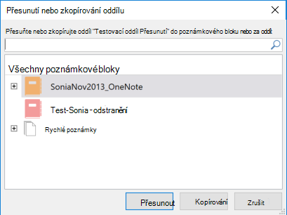 OneNote pro Windows 2016 – Dialogové okno Přesunout nebo zkopírovat oddíl