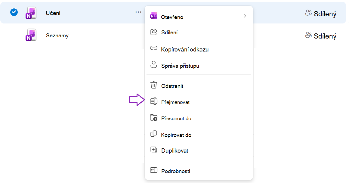 Snímek obrazovky zobrazující místní nabídku v poznámkovém bloku s možností přejmenování