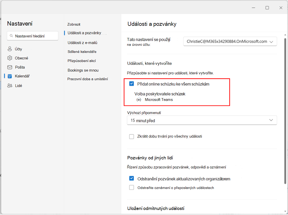 Snímek obrazovky ukazující povolení nebo zakázání přidání online schůzky ke všem schůzkám