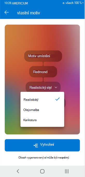 Obrazovka zobrazující selektor rozevíracího seznamu, který slouží k úpravě konfigurovatelných atributů vlastního motivu v Outlooku pro Android
