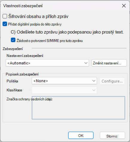 Zaškrtněte políčka vedle položky Přidat digitální podpis k této zprávě a požadovat pro tuto zprávu potvrzení S/MIME.