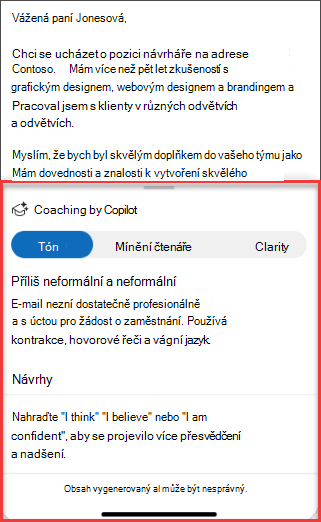 Návrhy Copilotů na tón, srozumitelnost a mínění čtenářů v Outlooku pro mobilní zařízení