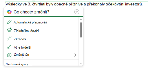 Vybraný text v e-mailové zprávě a nabídka Copilot se rozbalila, aby se zobrazily možnosti, co s tímto textem můžete dělat.