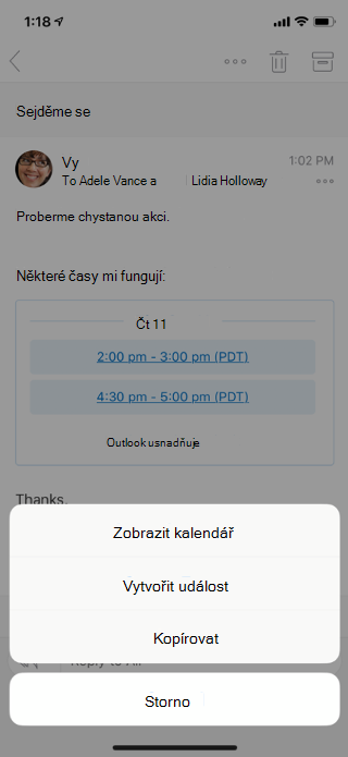 Zobrazuje e-mail na obrazovce mobilního zařízení. Ve spodní části jsou možnosti nabídky: Zobrazit Kalendář, Vytvořit událost, Kopírovat a Zrušit.