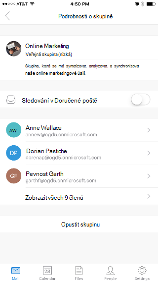Zobrazí stránku Podrobnosti skupiny s přepínačem Sledovat v doručené poště v horní části.