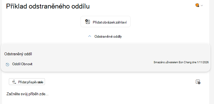 Přepínač Odstraněné oddíly se nachází v horní části edice