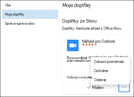 Nabídka Moje doplňky v Outlook pro Mac