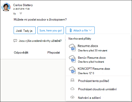 Připojte navrhované soubory v Outlooku.