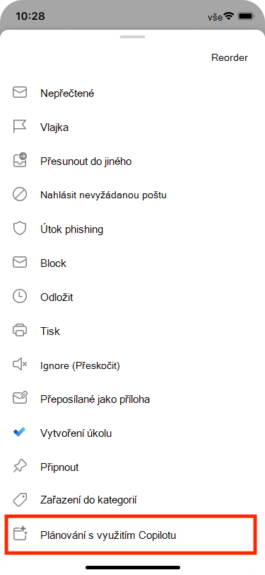 Naplánovat z Email lze vybrat z nabídky Další akce