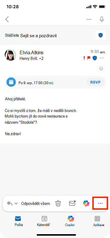 Možnost Další akce se nachází v pravém dolním rohu panelu nástrojů